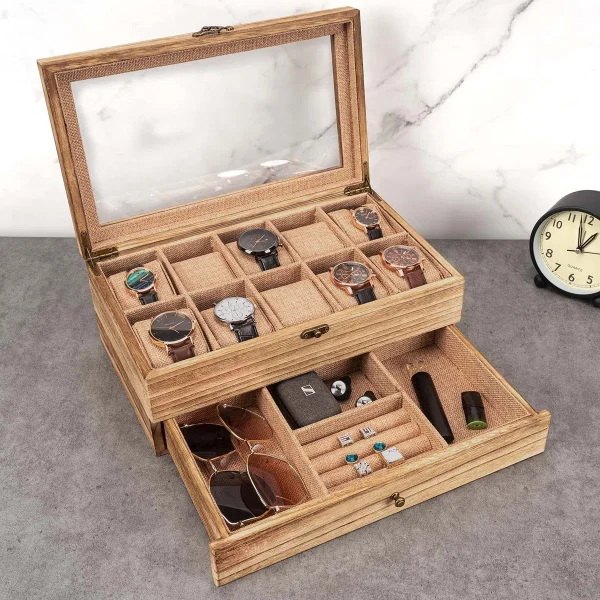 10 Slot Rustic Wooden Watch Box Organizer With Removable Pillows - Image 5