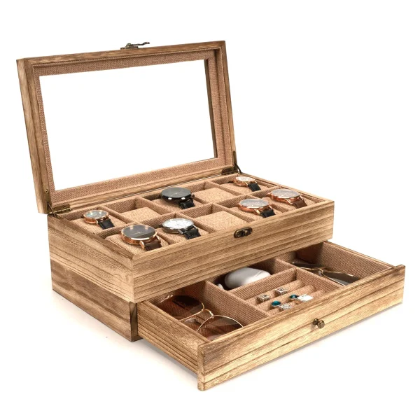 10 Slot Rustic Wooden Watch Box Organizer With Removable Pillows - Image 2