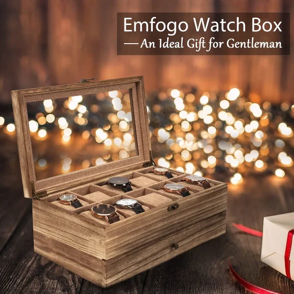 10 Slot Rustic Wooden Watch Box Organizer With Removable Pillows - Image 4